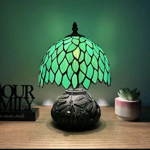 Style Tiffany Mini Feuilles en verre teinté vert de la lampe de table LED Ampoules Inclure 12-H