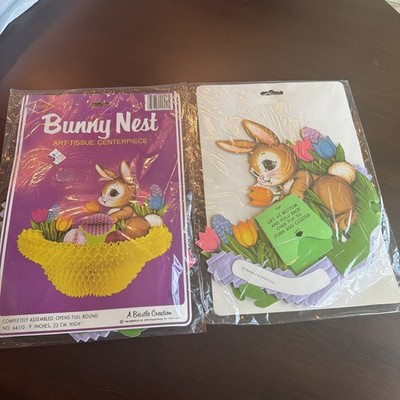2 Beistle Bunny Nest Honeycomb Easter Centerpiece Decor Art Tissue Vtg 70s 