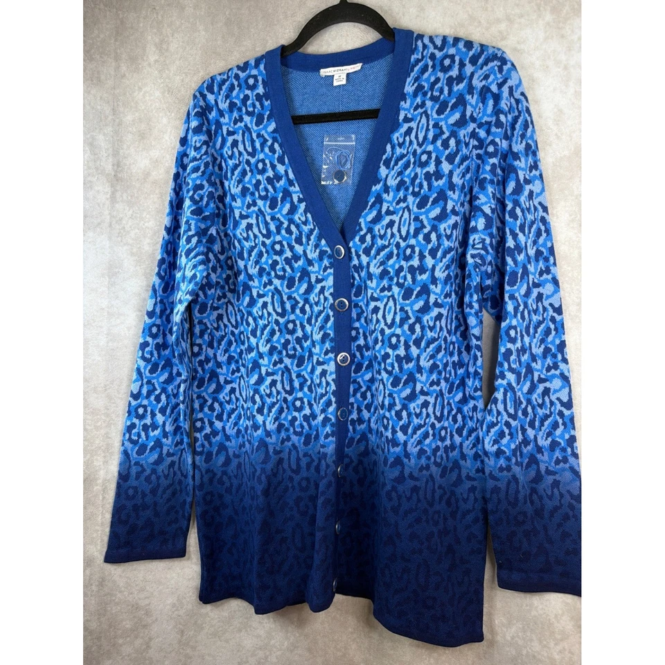 NUEVO SIN ETIQUETAS ISAAC MIZRAHI LIVE Leopardo Ombre Azul Cárdigan Suéter Para Mujer Talla M Foto 2 de 4