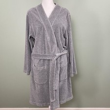 LL Bean Cotton Robe Mid Length Terry Cloth Belted Womens Small Gray Vintage
