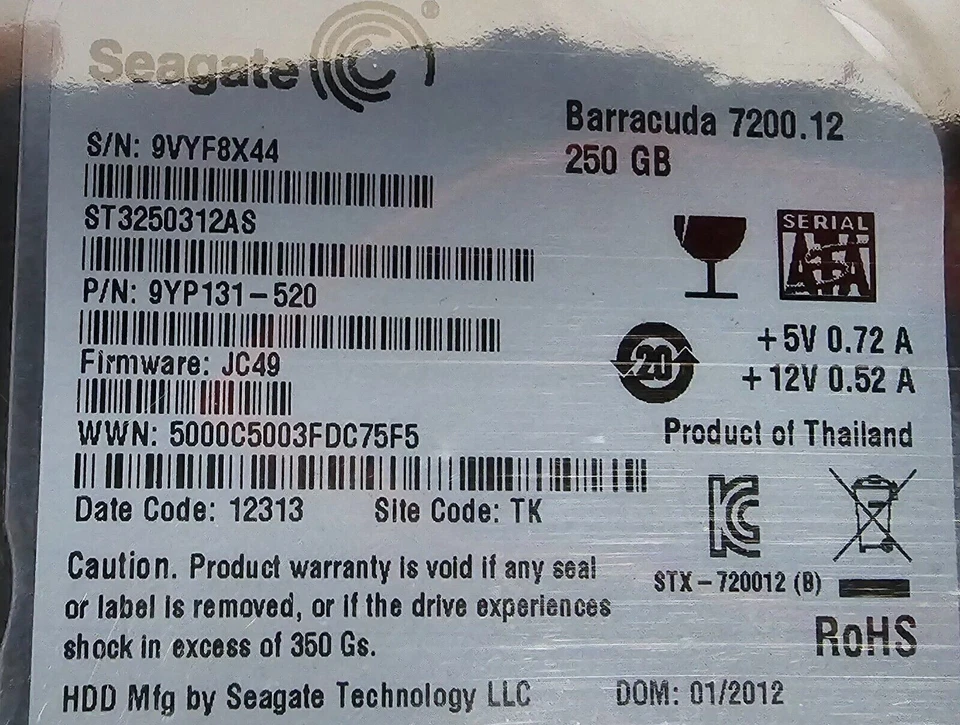Seagate Barracuda 7200.12 250GB,Internal,7200RPM,3.5" (ST3250312AS) HDD - Image 2 of 2