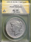 1921 High Relief Peace $1 ANACS AU 55 Details Cleaned Silver Dollar
