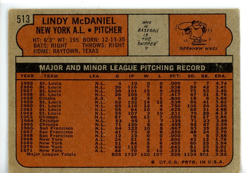 1972 Topps - Lindy McDaniel #513 - Picture 2 of 2