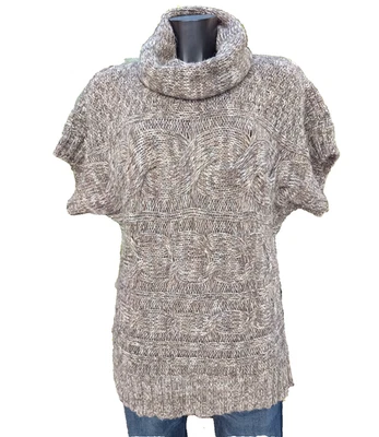 Sym Pull femme chiné marron torsades, col boule et manches courtes Taille L - Photo 1/4