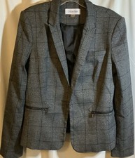 Calvin Klein Black /Charcoal Checkered Plaid Blazer, Sz 12, Missing Front Button