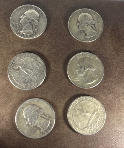 Lot of 6-90% Silver Washington quarters.  Good to very good condition.