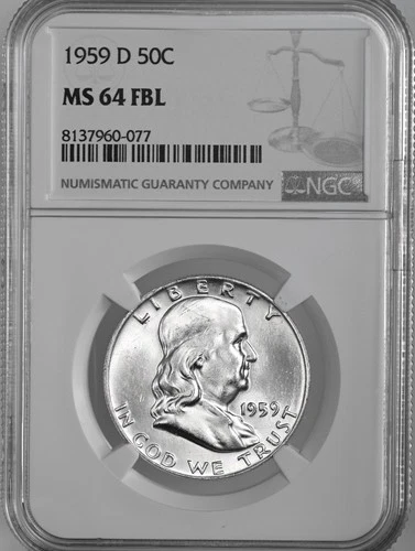 1959-D 50C FRANKLIN SILVER HALF DOLLAR FULL BELL LINES NGC MS64 FBL #8137960-077
