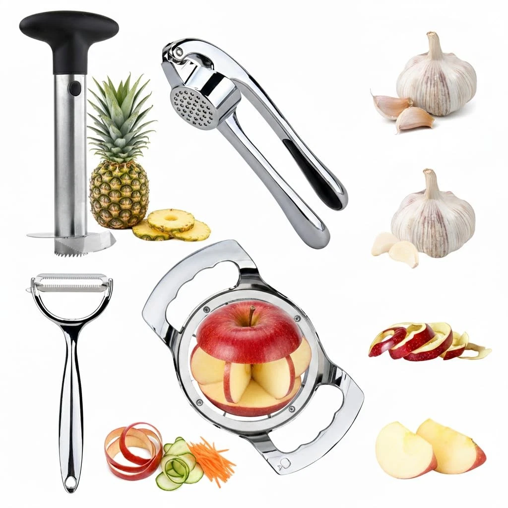 Ultimate Kitchen Tool Set of 4 – Pineapple Corer, Apple Slicer, Peeler & Garl...
