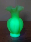 Fenton 5 1/2" Vase Uranium Mellon Ribbed Double Ruffled Edge Custard Satin