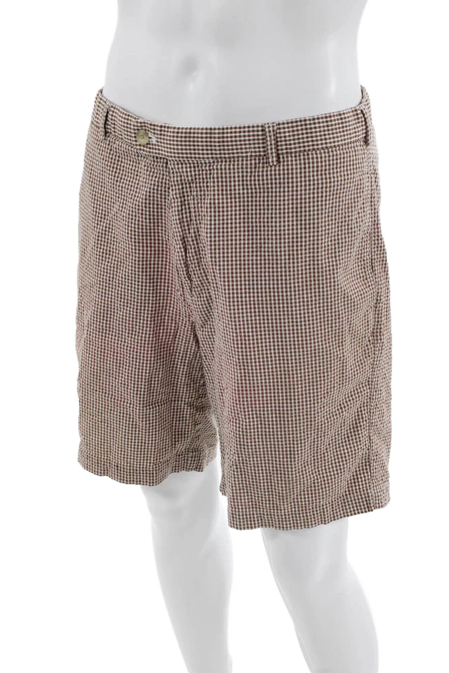 Peter Millar Mens Cotton Check Print Buttoned Casual Shorts Brown Size EUR 34 - Image 2 of 4