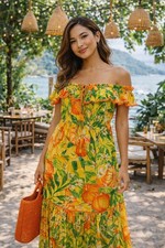 FARM RIO Tangerines Fruit Ruffled Midi Dress ~ Small