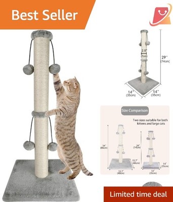 29'' Cat Scratching Post with Sisal Rope and Toy Balls for Large Cats Grey