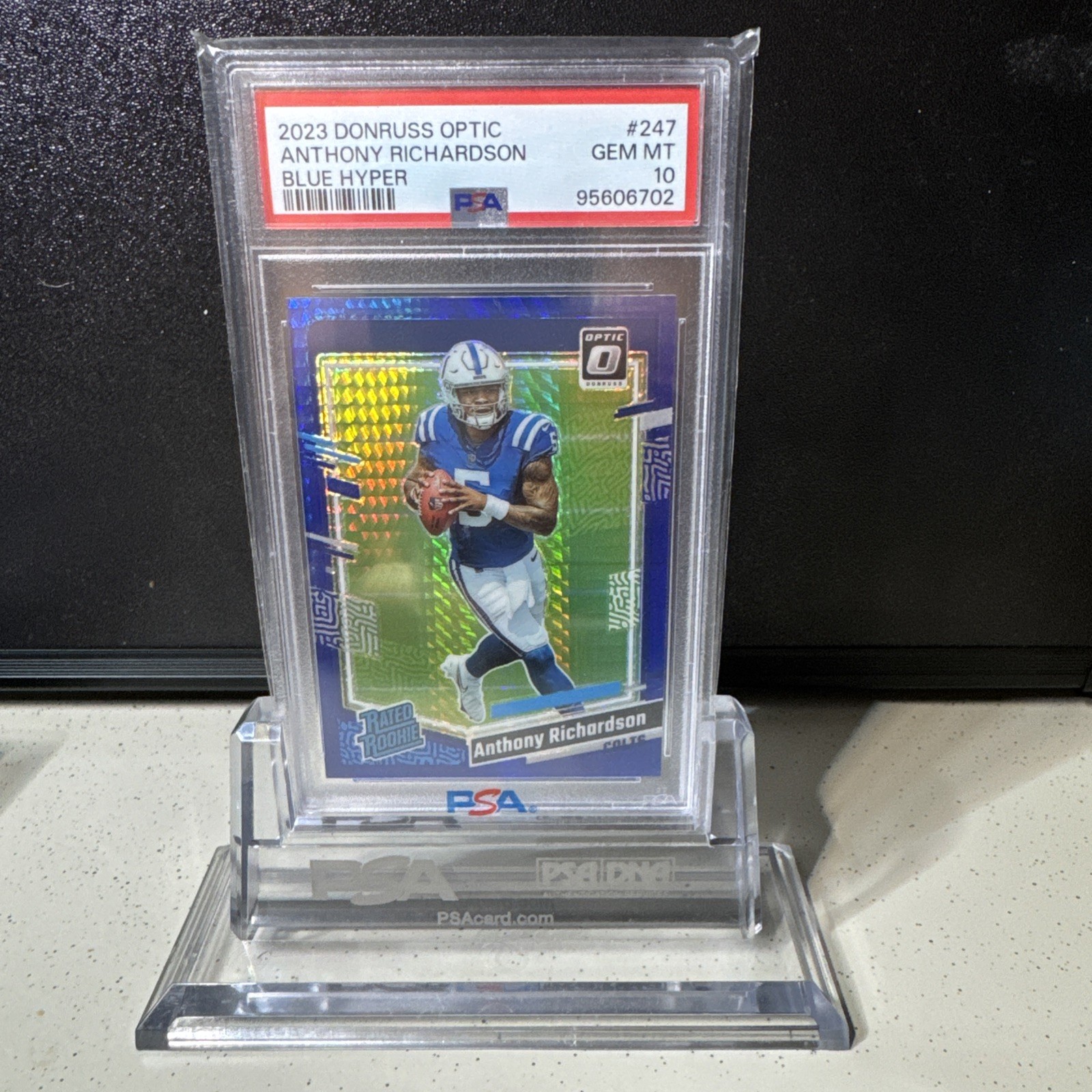 2023 Donruss Optic Anthony Richardson Blue Hyper Prizm Rated Rookie #247 PSA 10