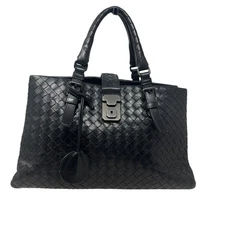 Bottega Veneta Womens Woven Leather Intrecciato Roma Satchel Bag Handbag Black