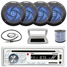 Pyle 1-DIN Marine CD Receiver W/White Cover, 4x 5.25" 180W Max Blue LED Speakers