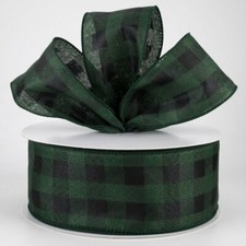 2.5" wired buffalo check plaid ribbon dark emerald green black Lt weight 5yds
