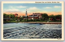 Government Dam & Skyline Marietta OH C1930s Linen Postcard W22