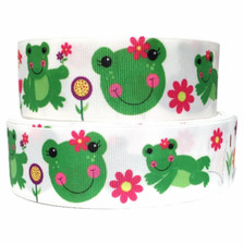 GROSGRAIN RIBBON 5/8", 7/8", 1.5", 3" Frogs with Flowers AN PRINTED BULK