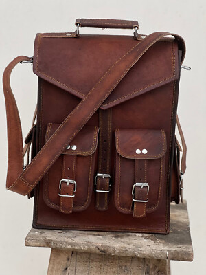 18'' Leather Bag Bigger Wider Backpack Vintage Rucksack Messenger Laptop Brown