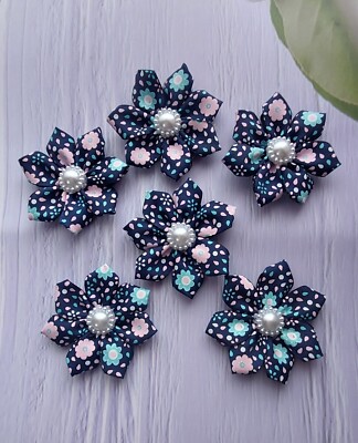 Schleifenband Weihnachtsstern Blumen Perlen Handarbeit Verzierungen dunkelblau floral x6