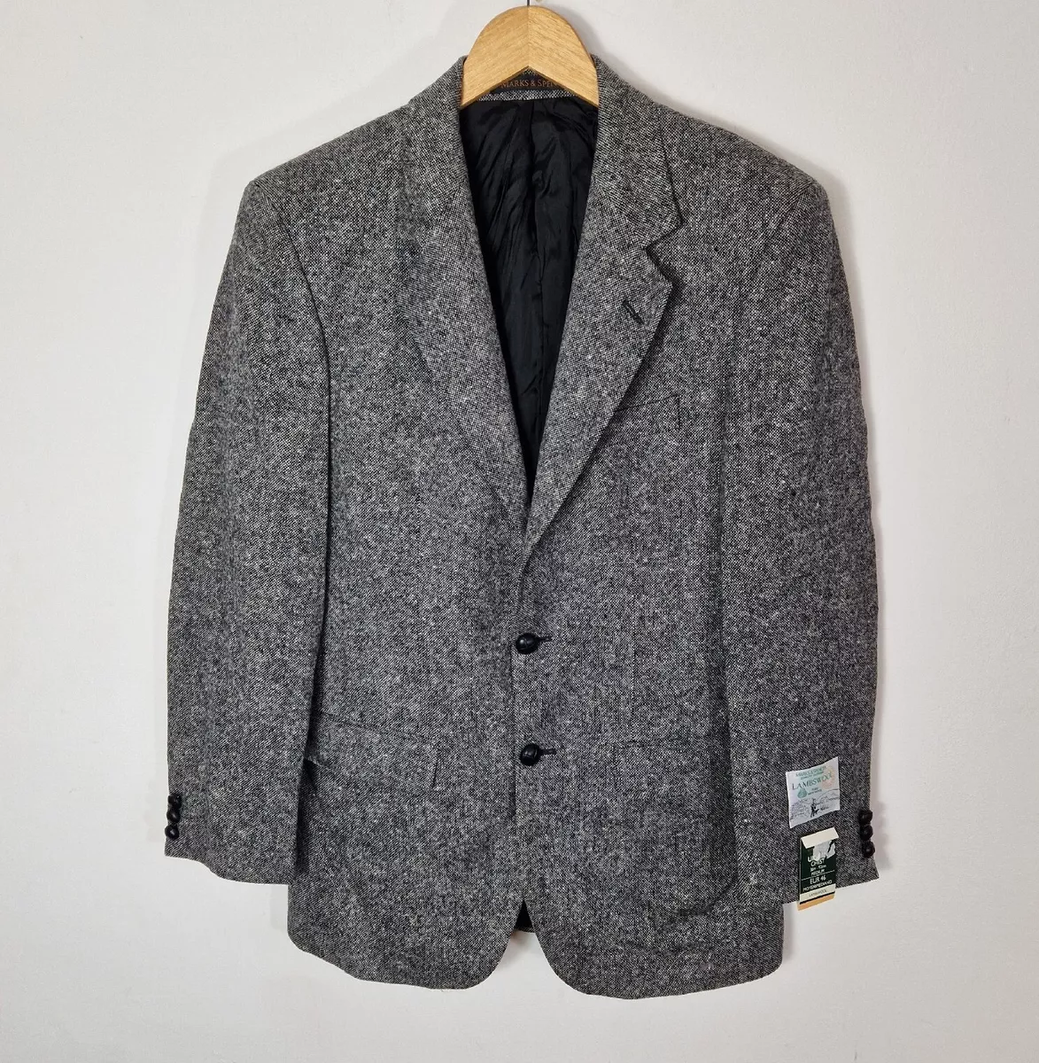 St Michael Tweed Sports Jacket Mens 36R 100 Lambswool Grey Vintage M S 90s BNWT