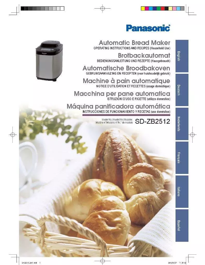 Panasonic SD ZB2512 Bread Machine Owners Manual User Guide Recipes