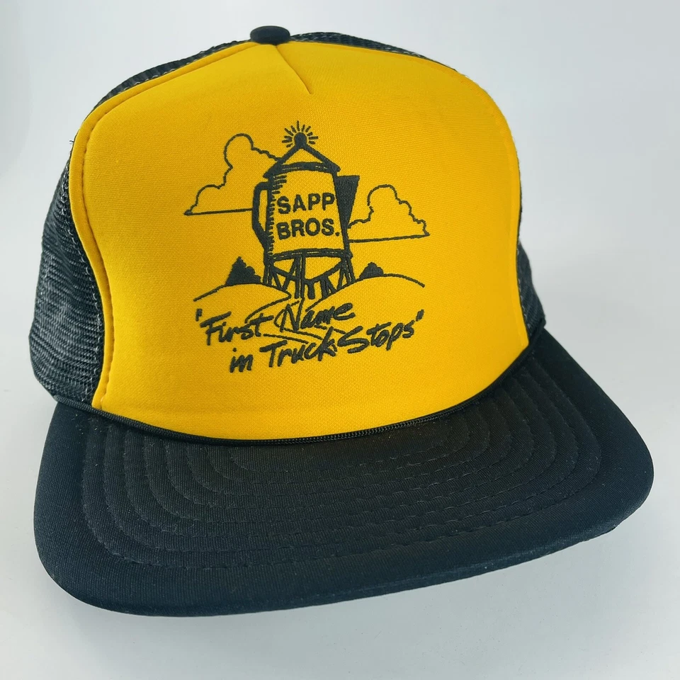 Gorra de camionero Sapp Brothers Bros Truck Stop negra amarilla malla Snapback de colección Foto 2 de 4