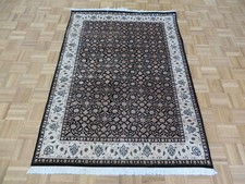 4'2 x 5'10 Hand Knotted Black Fine Herati Tabrez Oriental Rug With Silk G8789