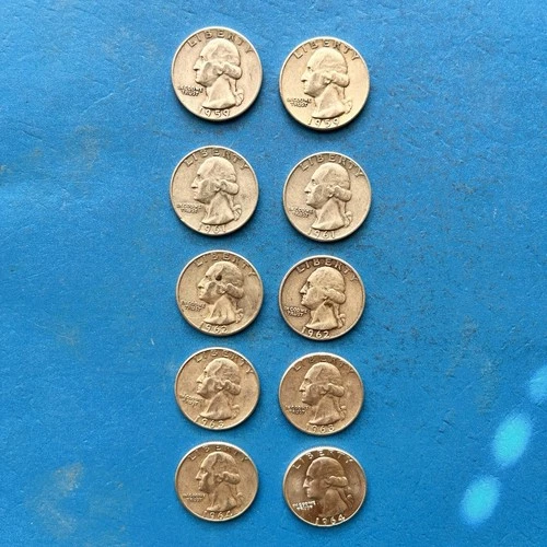Lot of 10 Silver Washington Quarters 1959, 1961-1964