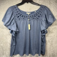 Max Studio NEW Women Top Blouse 2X Woven Tunic Flutter Slv Crochet Chambray Blue