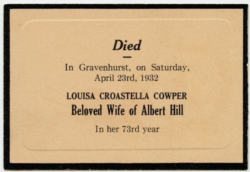 Mourning Card , Louisa Croastella Cowper Died in Gravenhurst 1932 , ON Canada