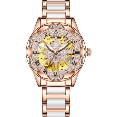 Luxus Damen Automatik Skelett Uhr | Gold Mechanisch mit weißer Keramik