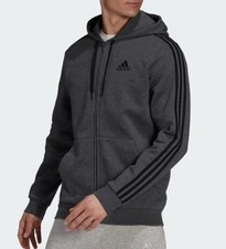 Adidas Essentials 3-Stripes fleece full-zip hoodie in medium grey Mens Sz Small