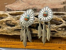 Wheeler Manufacturing Sterling MultiStone Inlay Concho Feather Earrings-2362.25