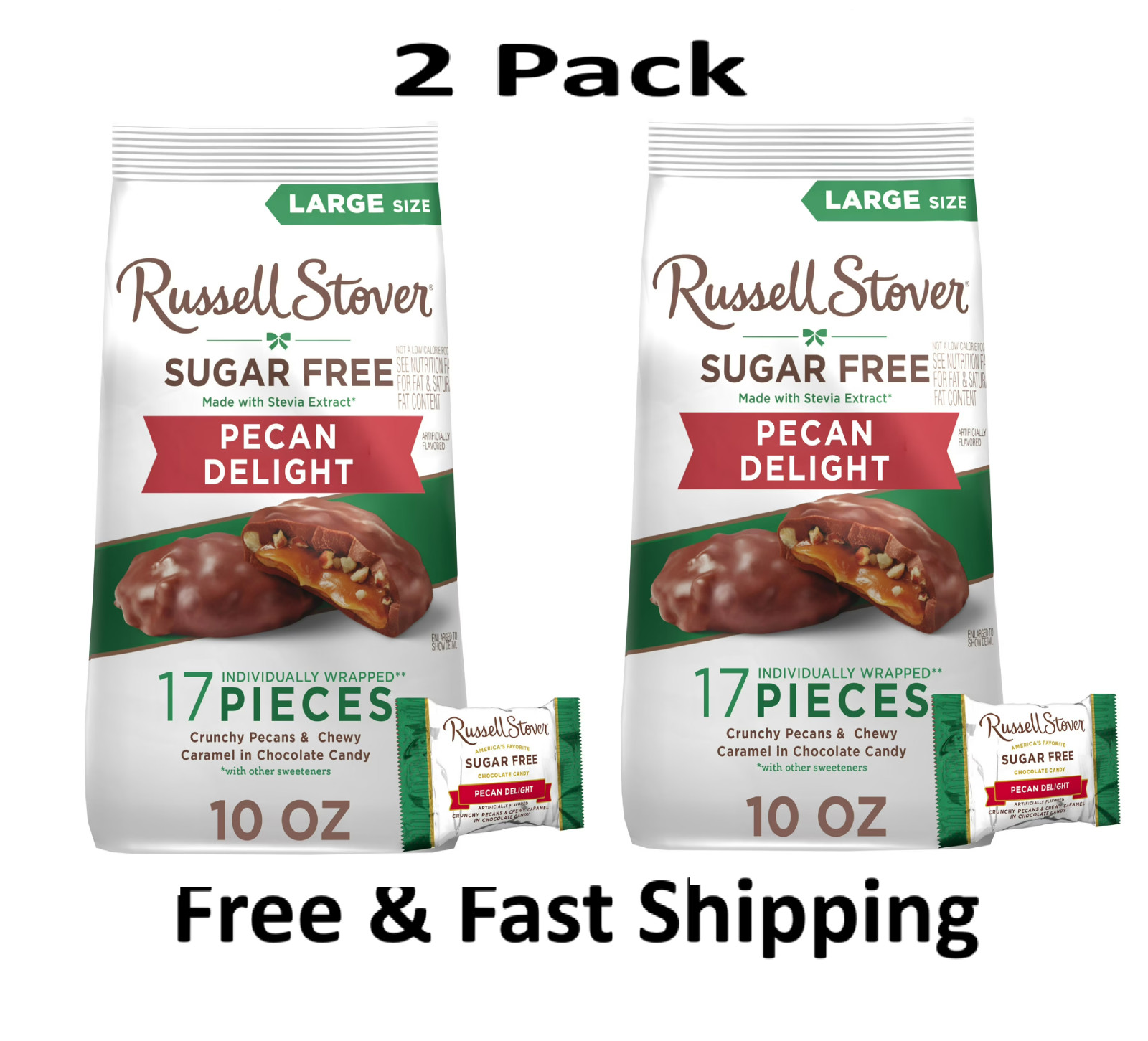 Russell Stover Sugar free Milk chocolate Pecan Delight Stand Up Bag 10 OZ 2Pack