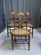 Set of 3 19th C. Wood Ladder Back Chairs Cane Seats Dining