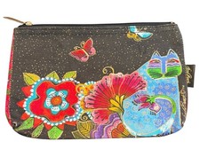 Laurel Burch Cat Cosmetic Bag Black Floral Butterfly Makeup Pouch Zip