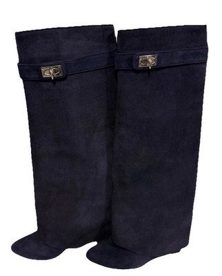 Givenchy Paris Shark Lock Boots EU38.5 Navy Suede Knee High Fold Over Italy