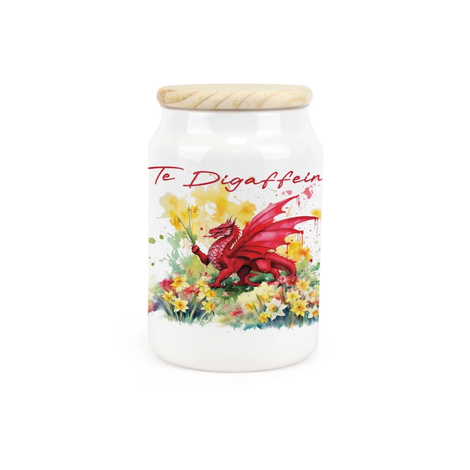 Ceramic Tapered Dragon & Daffodils Te Digaffein Canister - Decaf Tea Storage Jar