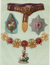ORDER OF THE GARTER - British Knighthood Insignia 1910 Antique Chromolithograph
