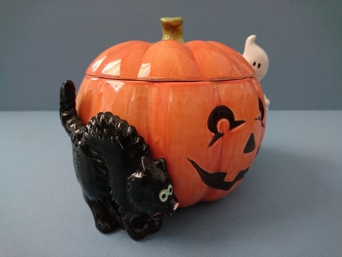 FITZ AND FLOYD HALLOWEEN KÜRBIS SCHWARZE KATZE & GEIST BONBONIERE Vintage 1987 - Bild 2 von 13