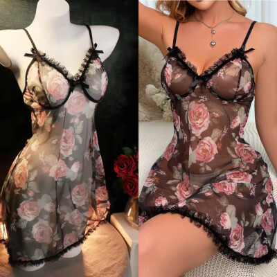 Sexy Floral Nightdress for Women Lace Sheer Sleepwear Full Slip Dress G-string