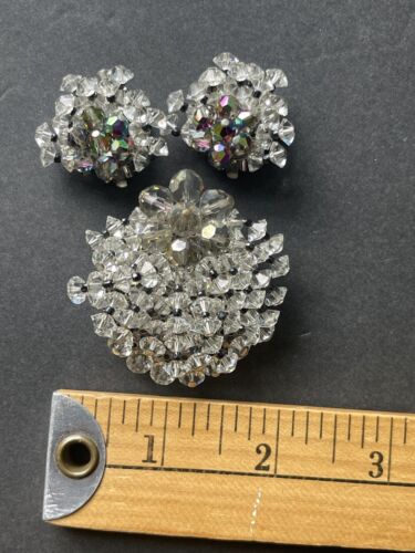 Vintage Crystal AB Clear Smoky Brooch Pin And Earring Retro Clip Earring Set - Picture 4 of 6