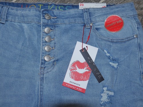 AWESOME Plus Women's Distressed Denim Shorts HOT KISS High Rise Bermuda 20 NWT - Picture 2 of 3