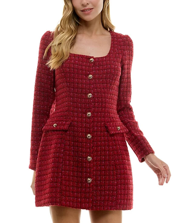 city studios juniors' square-neck long-sleeve tweed dress City Studios Juniors' Square-Neck Long-Sleeve Tweed Dress, Red/lilac, SIZE-9/10