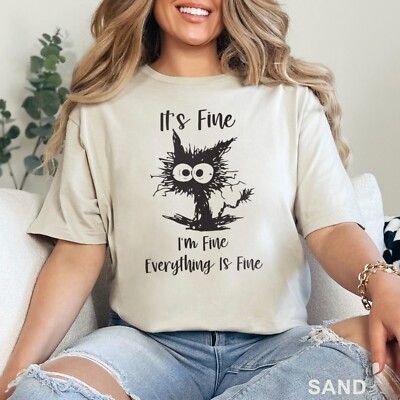 It's Fine I'm Fine Everything Is Fine Shirt, Cute Black Cat Tee, , 202826