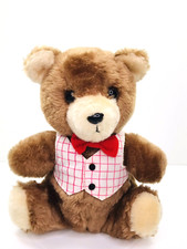 Vintage Dakin Brown Sitting Teddy Bear 8" Vest Red Bow Tie 1980 Korea