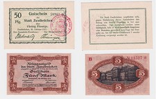50 fenigów i 5 marek banknoty miasto zweibrücken 1917/1918 (121275)