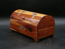Vtg Mini Cedar Chest Jewelry Trinket Box Domed Lid w/ Decoupage Flowers Handmade