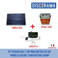 KIT FOTOVOLTAICO 1 KW PWM CONTROLLER 30A PANNELLO SOLARE 100W BATTERIA 38AMP